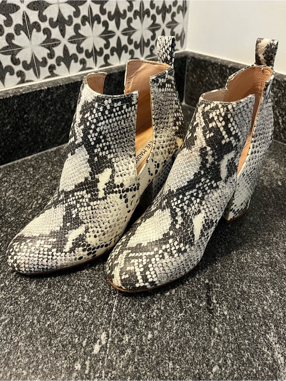 Steve Madden White and Black Snake-Print Cutout Ankle Boots